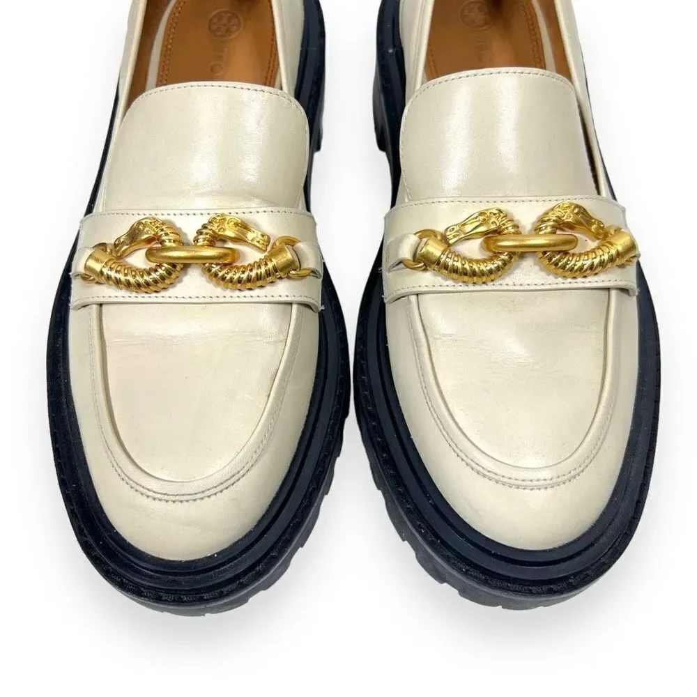 Tory Burch Jessa Leather Lug Sole Gold Chain Link Loafers Cream Academia Size 8